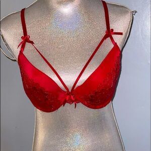 Strappy Sexy Red Lightly Padded Bra Silver Detail